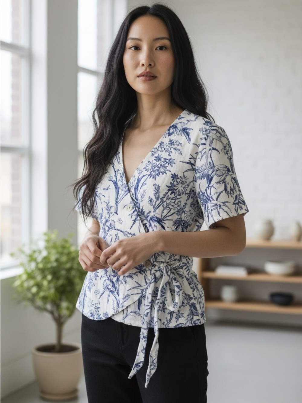 NWT H&M Blue White Linen Floral Wrap Tie Blouse Size S